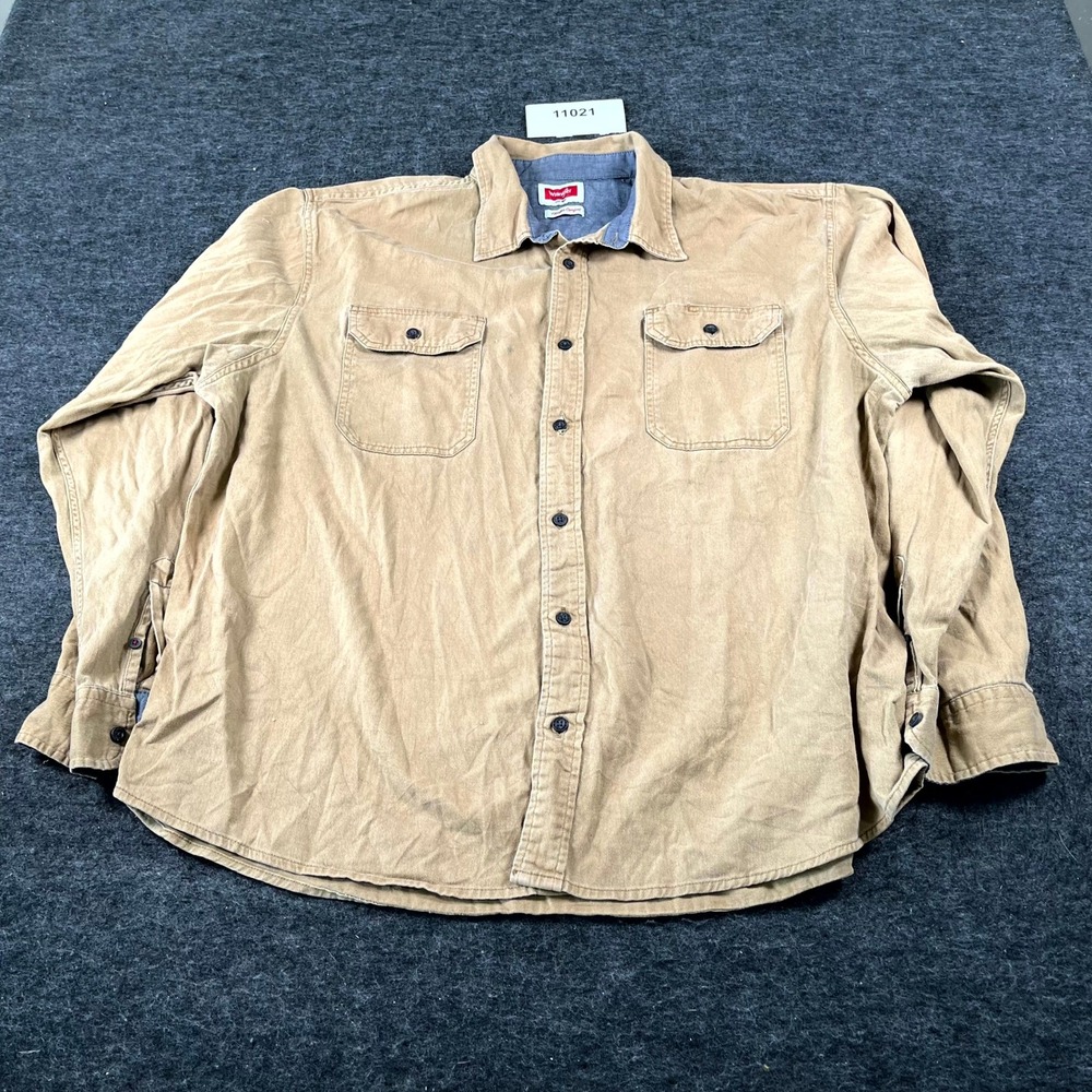 Wrangler Western Shirt Men 2XL Brown Twill Double Chest Pockets Collar Button Up